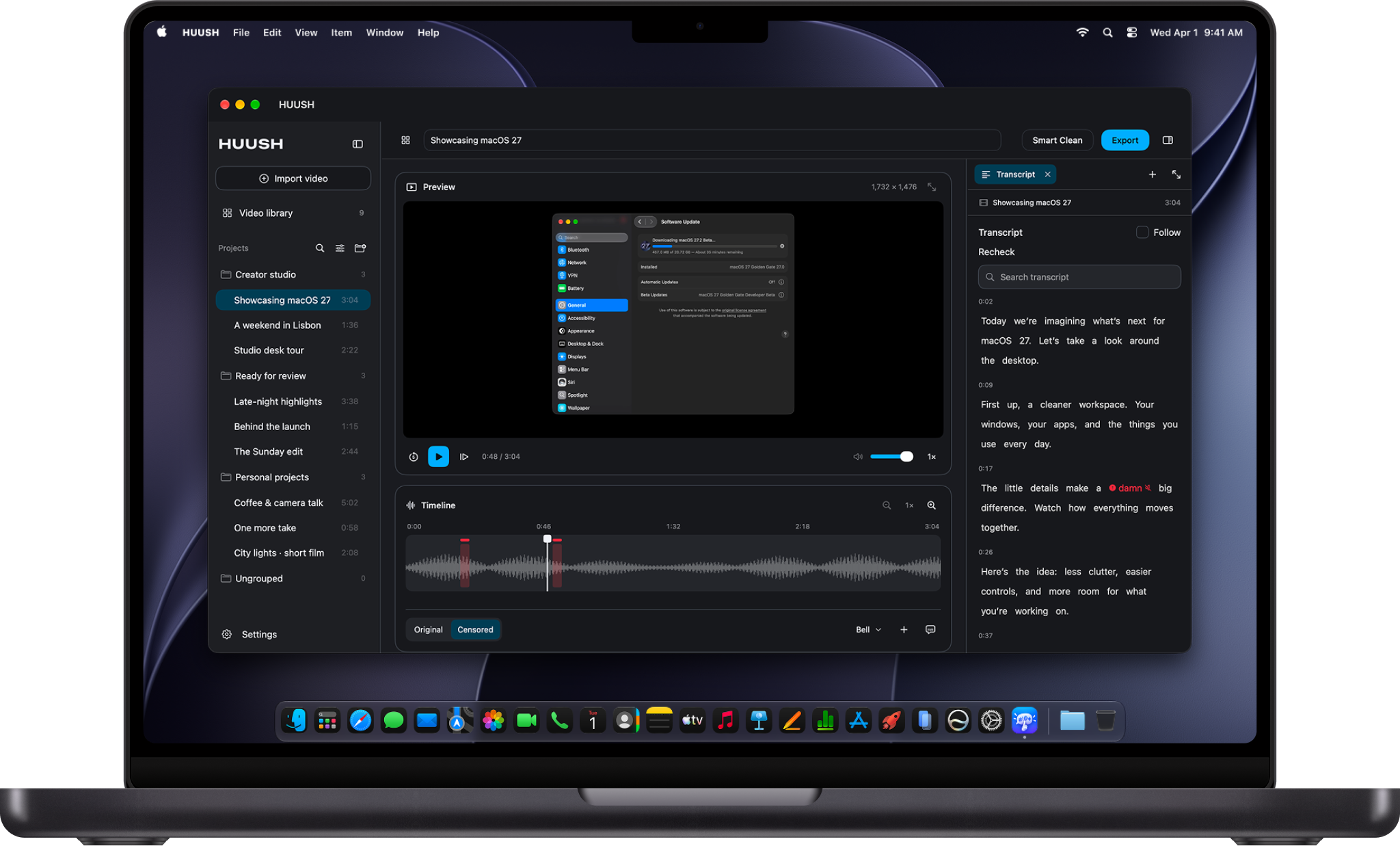 HUUSH editor on a MacBook Pro, showing a video preview, transcript, and censorship timeline